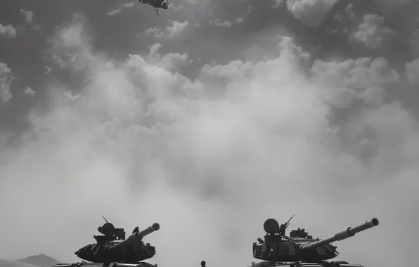 Dust, Helicopter, Soldiers, Tanks, Digital art, Black and white, AI art, The Art of Artificial …