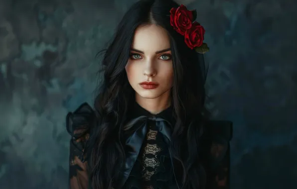 Look, girl, flowers, the dark background, portrait, roses, makeup, brunette
