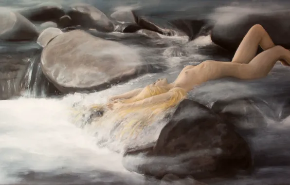 Chest, water, girl, pose, stones, for, blonde, lies