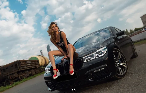 Clouds, smile, BMW, BMW, beautiful girl, smile, clouds, beautiful girl