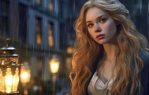 Sadness, look, girl, night, pose, house, rendering, rain