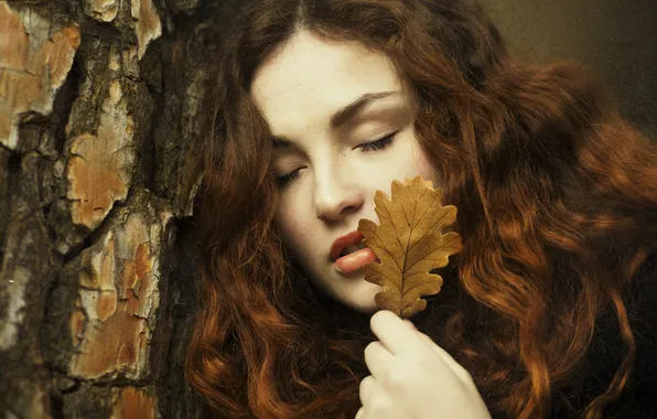 Leaves, girl, face, hair