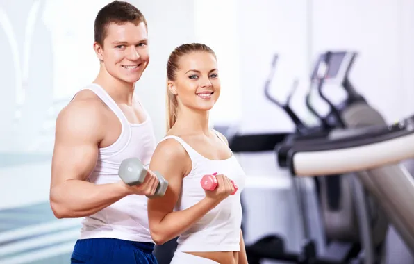 Picture girl, smile, sport, male, muscles, dumbbells