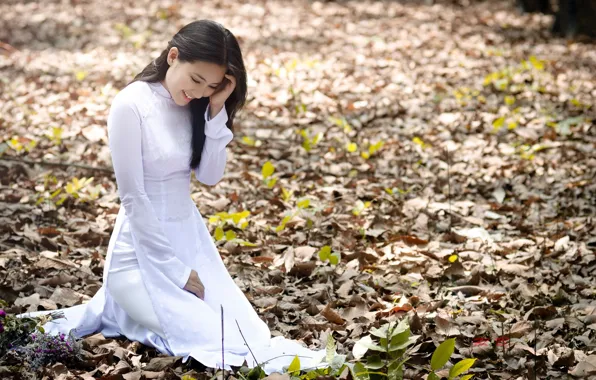 Picture GIRL, FOREST, NATURE, LEAVES, BRUNETTE, ASIAN, AUTUMN, FOLIAGE