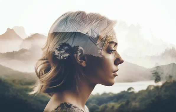 Picture Nature, Girl, Mountains, Beauty, Freedom, Side, Digital art, Head