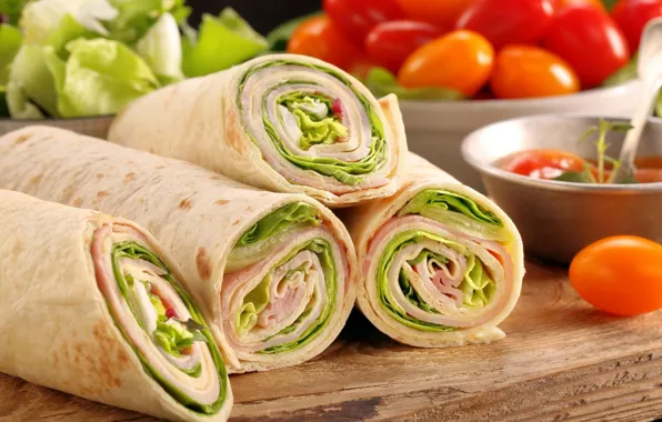 Vegetables, tomato, pita, rolls