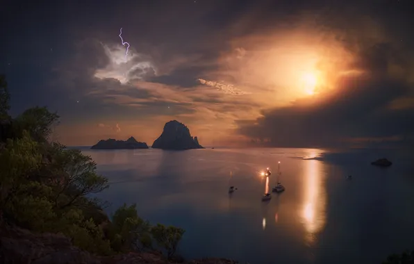 Sea, sunset, mountains, rocks, ships