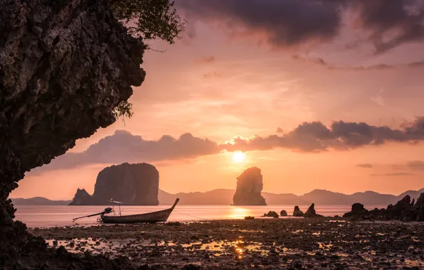 Clouds, sunset, rocks, coast, boat, Thailand