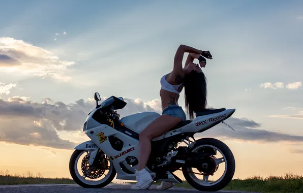 Clouds, pose, the evening, brunette, bike, legs, girl on a motorcycle, denim shorts