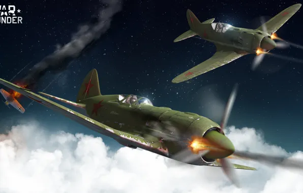 The sky, clouds, night, the plane, war, fighter, war thunder, I-185