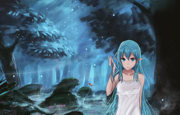 Picture look, girl, night, stream, paint, surprise, elf, vocaloid