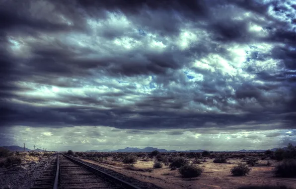 Road, clouds, desert, rails