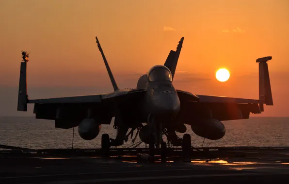 Picture the sun, Sunset, deck, attack, American, fighter-bomber, deck, Boeing F/A-18E/F Super Hornet