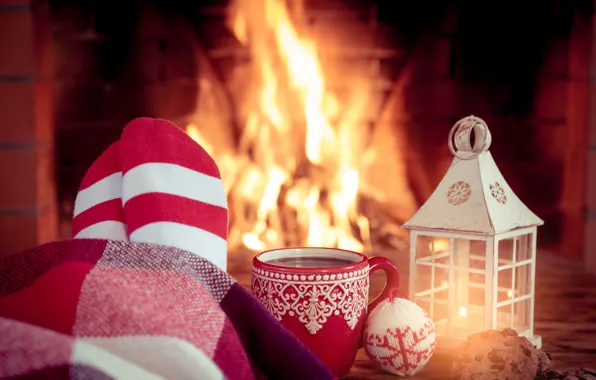 Decoration, new year, Christmas, fire, fireplace, Christmas, cup, Xmas