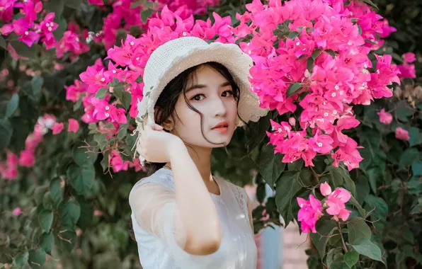 Girl, flowers, branches, pose, tree, Bush, hand, portrait