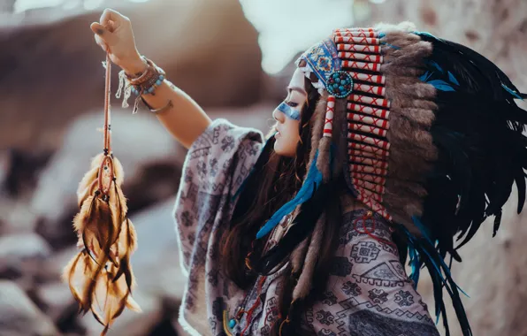 Girl, face, style, feathers, talisman, amulet, headdress, Dreamcatcher