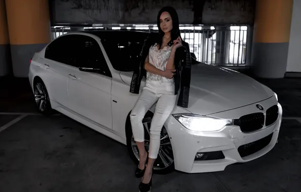 Look, girl, BMW, beautiful girl, Valeria, white car, posing on the car
