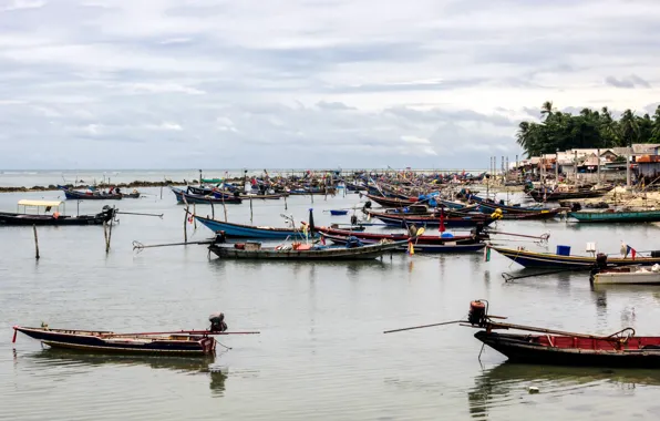 The sky, water, the ocean, boat, fish, village, Bay, Thailand