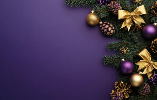 Balls, branches, Christmas, purple, New year, needles, bumps, gold