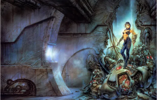 Girl, wall, victory, blood, large, claws, cyborg, Luis Royo