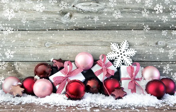 Picture snow, decoration, snowflakes, balls, New Year, Christmas, gifts, Christmas