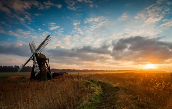 Field, sunrise, morning, mill, wind