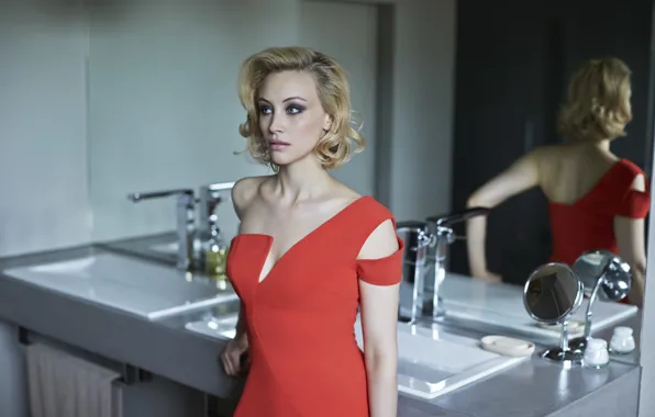 Slim, dress, actress, mirror, blonde, beautiful, sink, Sarah Gadon