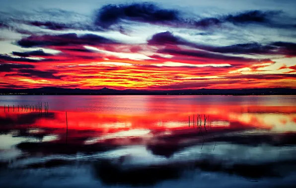 Picture the sky, clouds, lake, reflection, the evening, glow