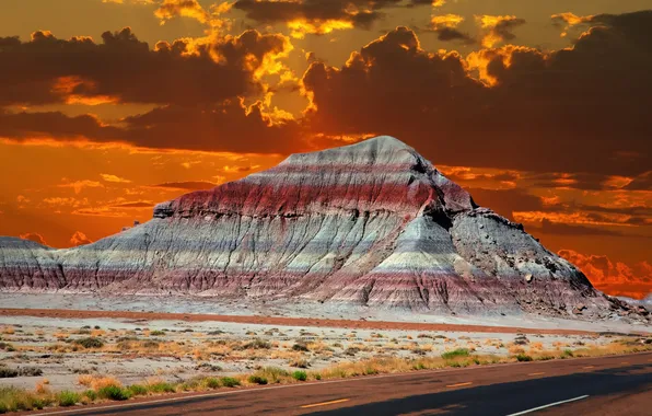 Road, the sky, sunset, clouds, mountain