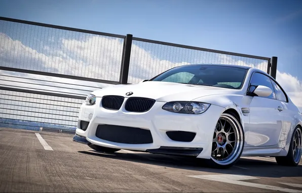 Picture white, the sky, bmw, BMW, the fence, white, wheels, bbs