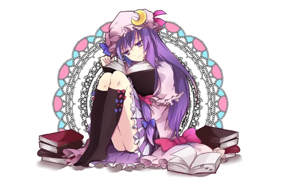 Pattern, books, knee, cap, a lot, sitting on the floor, Touhou Project, lilac hair