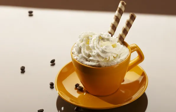 Picture coffee, food, grain, cream, plate, mug, Cup, white background