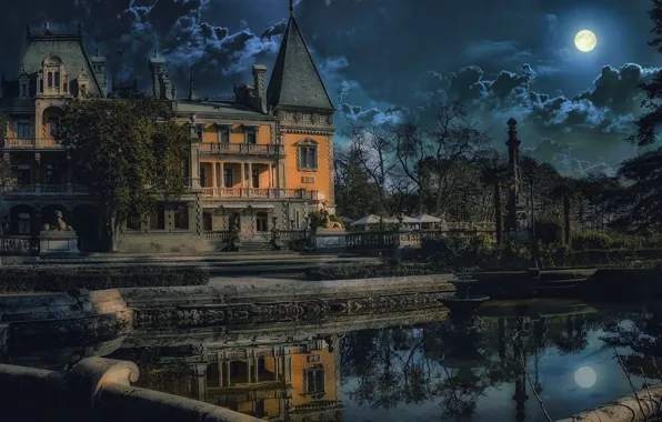 Water, trees, night, the city, house, the moon, fountain, mansion