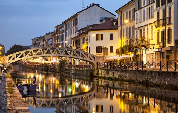 Water, bridge, lights, reflection, home, the evening, Italy, channel