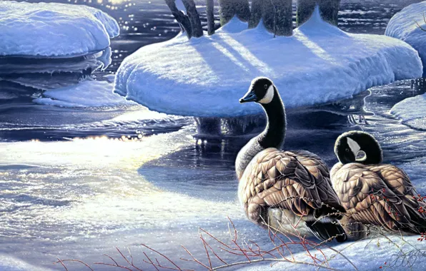 Winter, snow, river, ice, painting, geese, Winter Thaw, a pair of geese