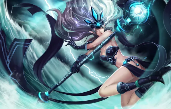 Girl, magic, lightning, elf, staff, elf, league of legends