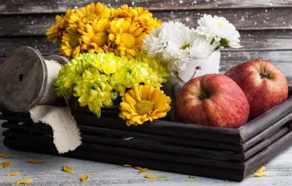 Table, apples, bouquet, box, Chrysanthemum