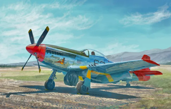 Picture art, airplane, aviation, ww2, P51 Mustang, red tail