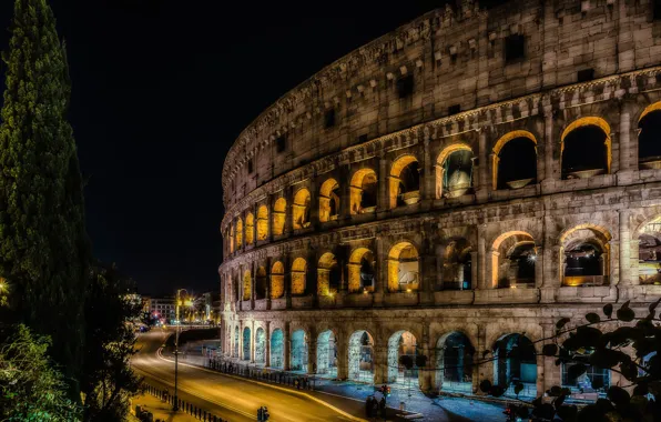 Night, lights, Rome, Colosseum, Italy