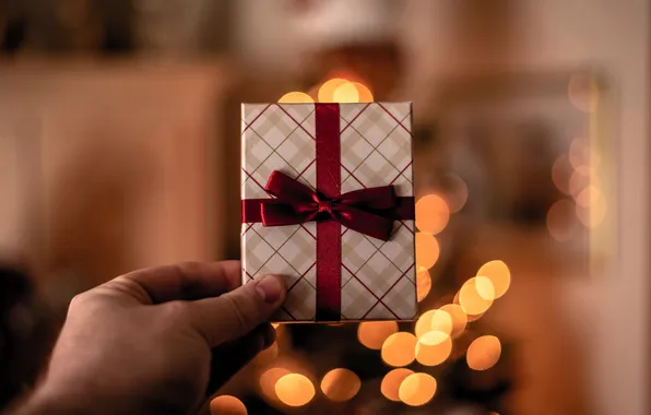 Glare, gift, hand, lights, package, tree, bow