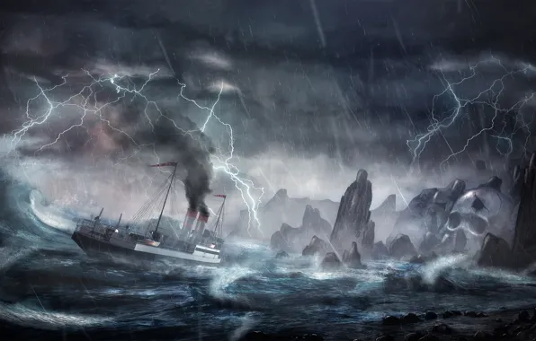 Wave, storm, rocks, lightning, ship, island, storm, disaster