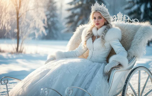 Winter, forest, girl, light, snow, trees, tale, crown