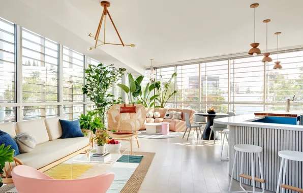 Design, interior, plants, kitchen, vintage, living room, dining room, upholstered furniture
