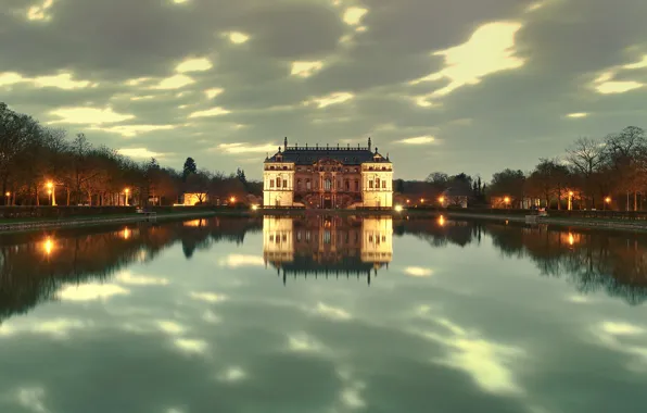 Lake, Park, reflection, castle, Dresden, lights, twilight