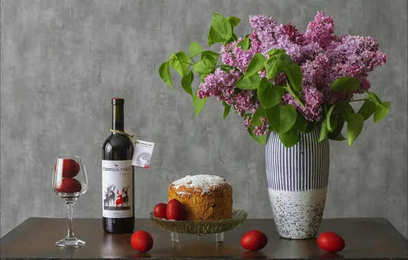 Flowers, wine, glass, eggs, Easter, cake, lilac, Easter