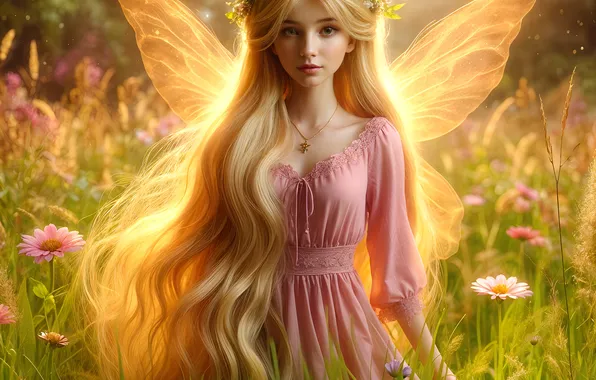 Field, summer, girl, the sun, flowers, wings, angel, fairy