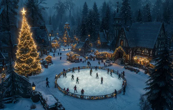 Night, people, area, Christmas, New year, rink, Christmas tree, AI art