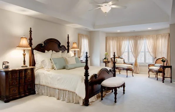 White, design, room, bed, interior, the ceiling, chandelier, bedroom