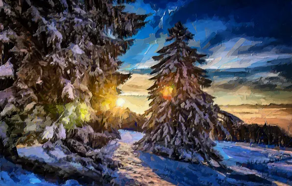 Winter, forest, the sun, rays, snow, trees, landscape