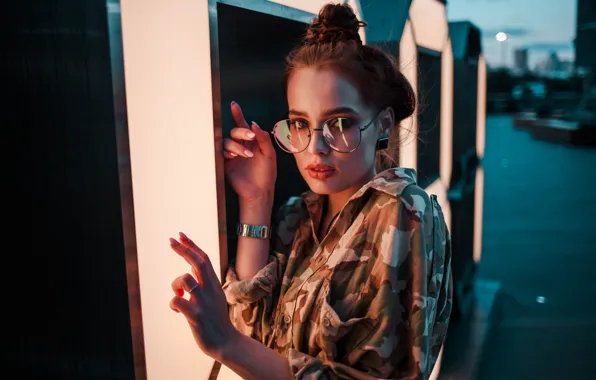 Picture girl, night, neon, glasses